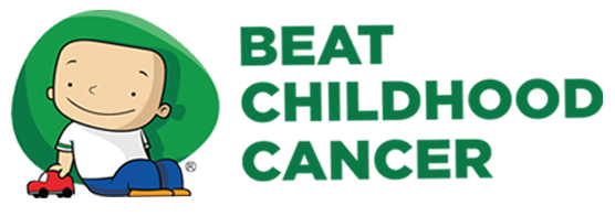 An illustration that shows a bald kid holding a toy car against a green background and a text that says Beat Childhood Cancer.